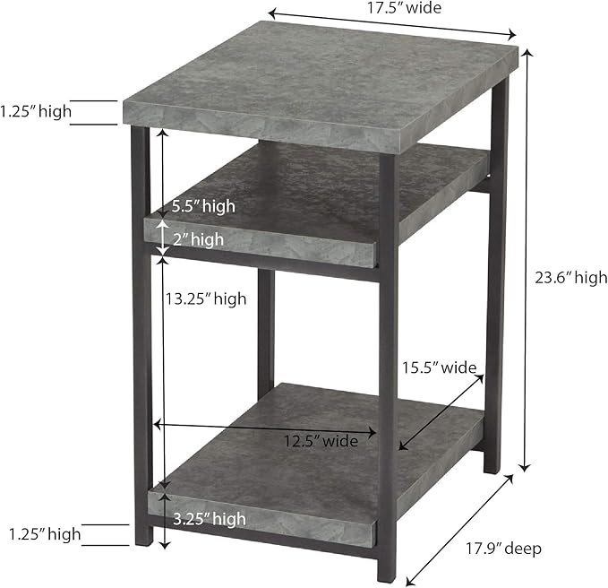 Household Essentials Jamestown Rectangular Side End Table with Storage Shelves Rustic Slate Concrete and Black Metal