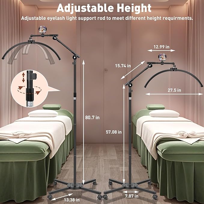 HITTI Half Moon Eyelash Esthetician Light - 2026 LED Lash Tech Lamp with 4-Wheel Rolling Base, 3 Color Modes, Dimmable Brightness & Phone Holder for Extension, Tattoo Artists, Beauty, SPA -Black