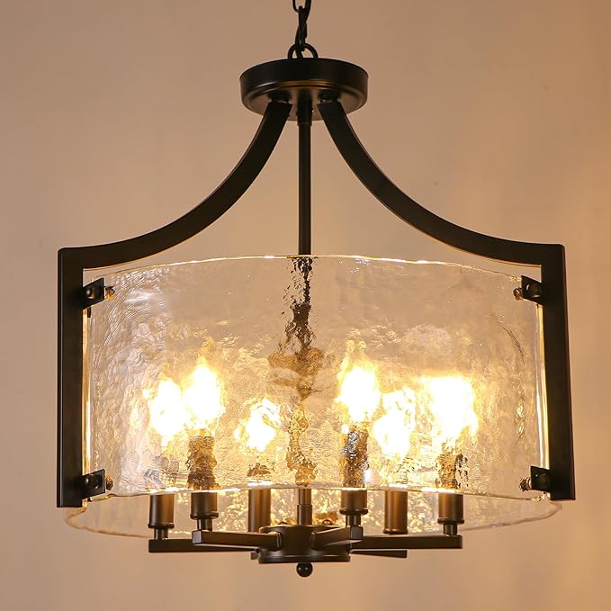 6-Light Black Chandelier, Glass Hanging Pendant Lighting, Convertible Semi Flush Mount Ceiling Light Fixture Modern Textured Glass Chandeliers for Dining Room Kitchen Foyer Entryway