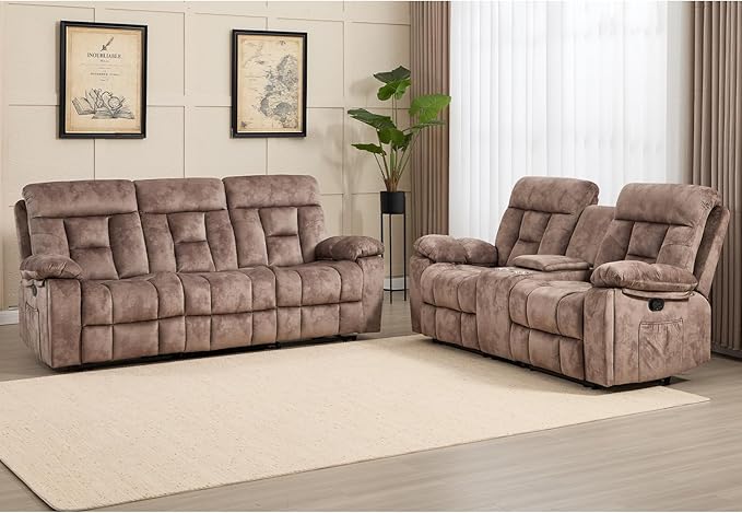 CANMOV Recliner Sofa Set, 3 Seat Recliner Sofa and Manual Loveseat with Overstuffed Armrest, Storage Console,Hidden Cup Holders, for Living Room, Camel-Brown