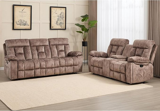 CANMOV Recliner Sofa Set, 3 Seat Recliner Sofa and Manual Loveseat with Overstuffed Armrest, Storage Console,Hidden Cup Holders, for Living Room, Camel-Brown