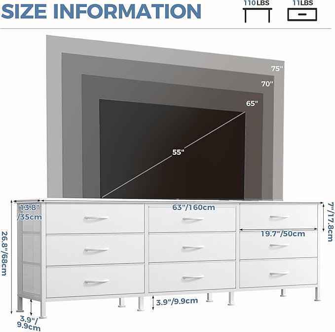 DUMOS TV Stands for Living Room Furniture with 9 Fabric Drawers, Long Entertainment Center Up to 75 Inch TV, Media Console Table with Storage for Bedroom, Adjustable Feet, White.