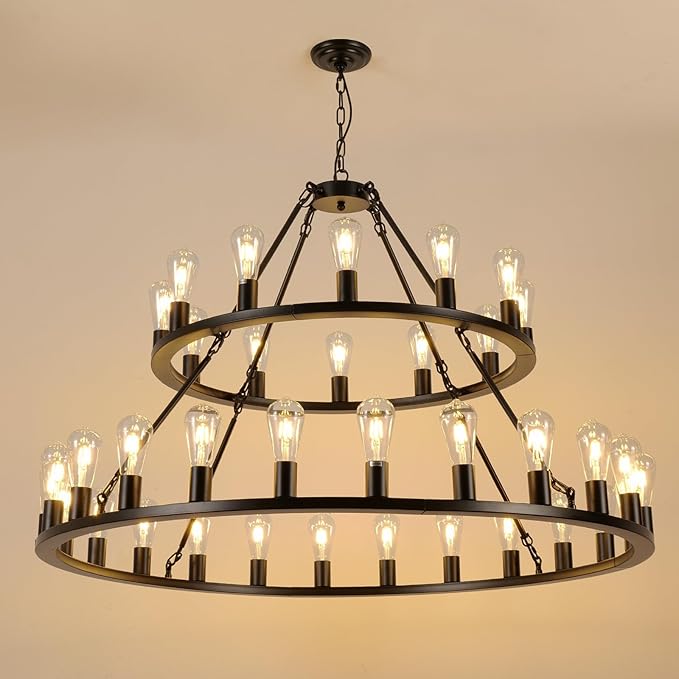 Wagon Wheel Chandelier 2 Tier 48-Inch 36-Light, Farmhouse Industrial Chandelier Black Rustic Pendant Light Fixture Extra Large for High Ceilings, Living Room Foyer