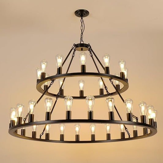 Wagon Wheel Chandelier 2 Tier 48-Inch 36-Light, Farmhouse Industrial Chandelier Black Rustic Pendant Light Fixture Extra Large for High Ceilings, Living Room Foyer