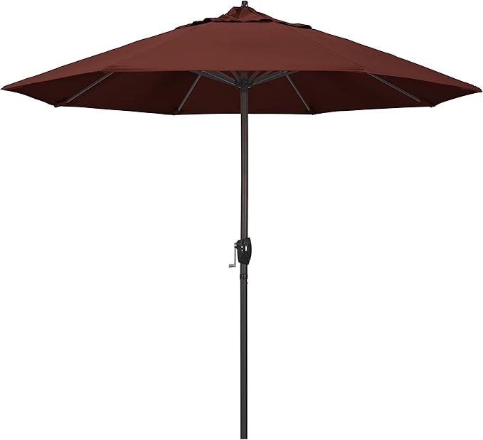 California Umbrella 12-Year Protection 9-Ft Outdoor Patio Umbrella, Sunbrella Fade-Resistant Acrylic Fabric, Auto Tilt and Crank, Heavy-Duty Aluminum Frame/Reinforced Ribs, Bronze Pole, Henna