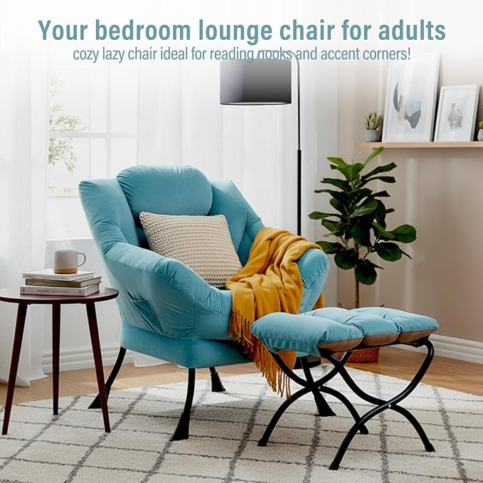 Lazy Chair with Ottoman, Modern Chair with Folding Footrest, Velvet Light Blue Accent Chair, Comfortable Reading Chair, Oversized Armchairs for Bedroom, Study, Living Room, Courtyard