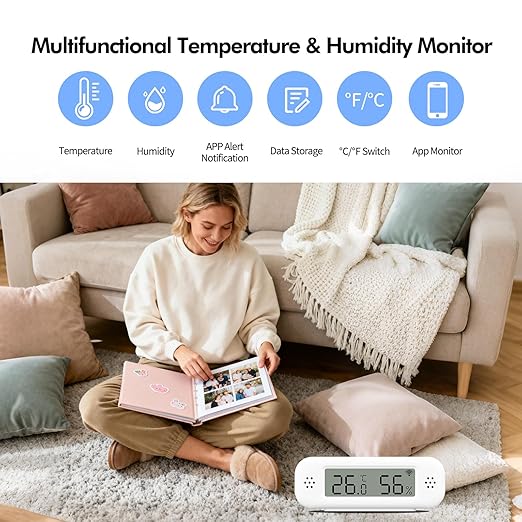 eMylo WiFi Thermometer Hygrometer Sensor, Smart Wireless Indoor Temperature Humidity Monitor with App Alerts, Free Data Storage Export, for Home Room Pet Greenhouse, Compatible with Alexa, 2 PCS