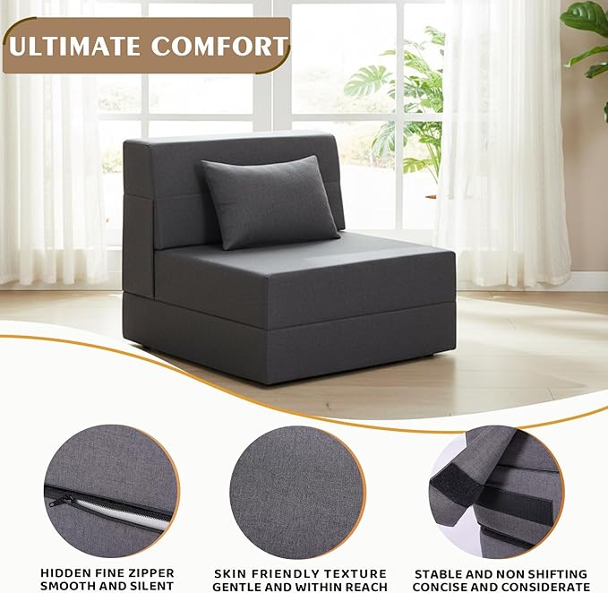Fvkind Folding Sofa Bed, Foldable Sleeper Chair with Pillow, Convertible Fold Out Chair Bed with Washable Cover, Foldable Mattress for Living Room, Bedroom, Guest Room, Single Size, Dark Grey