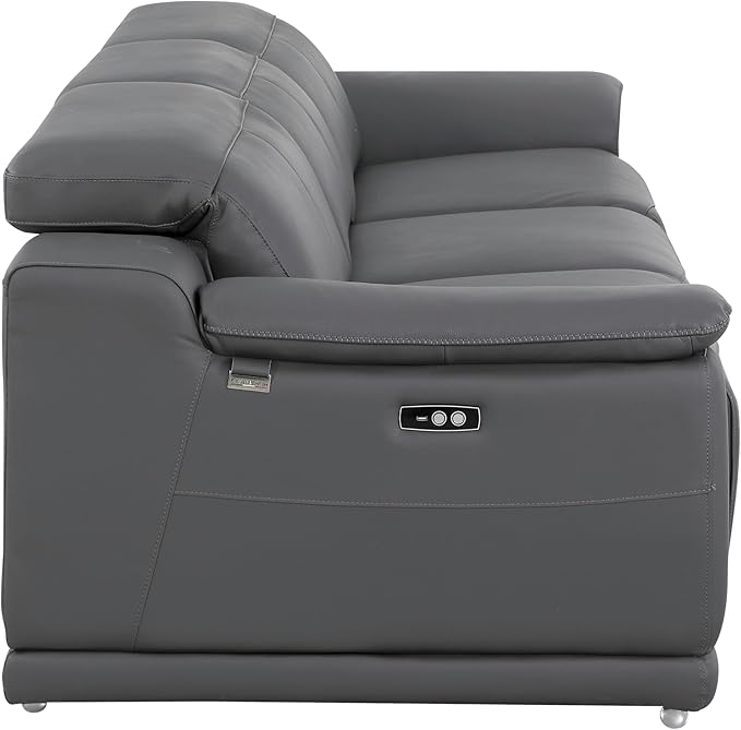 BlackJack Furniture Venice Top Grain Italian Leather Dual Power Recliner Sofa - 107" Theater Seating Modern Couch for Living Room Apartment Lounge Home with Adjustable Headrests & USB Port, Dark Grey