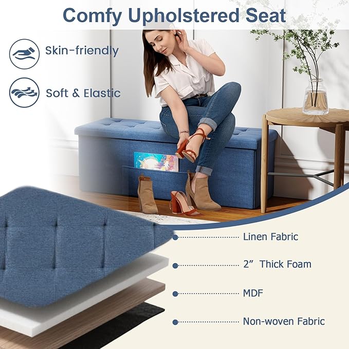 Giantex Storage Ottoman Bench, 43"L Folding Foot Rest Storage Chest with Side Pocket, Divider, Padded Seat Shoe Bench for Living Room Bedroom Hallway Entryway End of Bed (Navy)