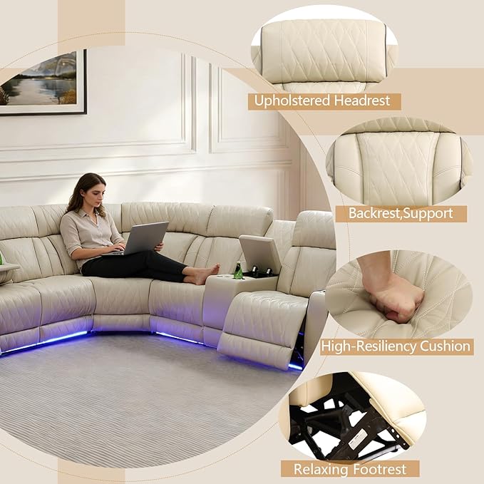 Power Leather Recliner Sectional Sofa with LED Light,L Shaped Reclining Couch with USB Charger/Cup Holder/Storage,Leather Sofa for Living Room Furniture Sets(Beige,Sectional+2 Seats)
