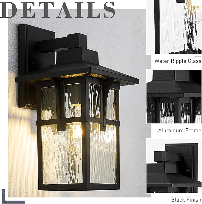 zeyu 15.4 Inch Outdoor Wall Lighting Fixtures, Exterior Black Light Fixture for Patio Garage, Die-Cast Aluminum with Water Ripple Glass, Black Finish, ZX1B-SW BK
