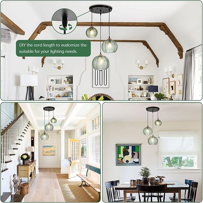 3 Light Pendant Lighting Modern Pendant Light Kitchen Island Hand Blown Hanging Ceiling Light with Glass Shade Green Glass Chandelier for Dining Room Bedroom Living Room