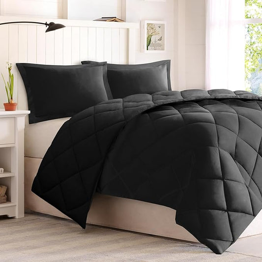 Madison Park Comforter Set, Reversible Down Alternative All Season Microfiber Bedding, 3M Scotchgard Stain Release, Twin/Twin XL Dorm Comforter, Black/Black