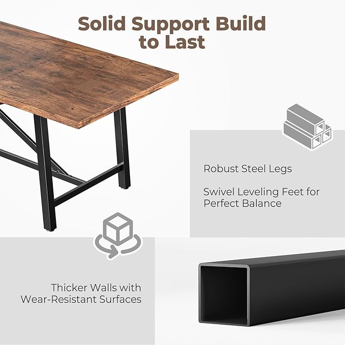 Concho Industrial Dining Table for 6-8 People, Long Wooden Kitchen Dinner Table with Sturdy Metal Frame for Home Office,Dining Room,Living Room Furniture, Brown