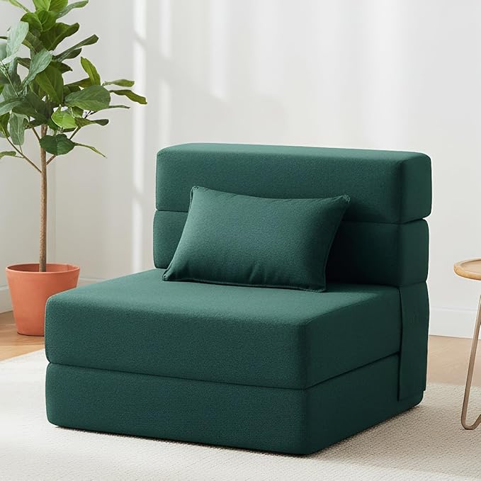 FILUXE Folding Sofa Bed | Convertible Sleeper Chair Bed for Adults, Fold Out Chair to Bed Linen Futon Chair with Pillow, for Home Dorm Apartment RV Living Room, Single Size Dark Green