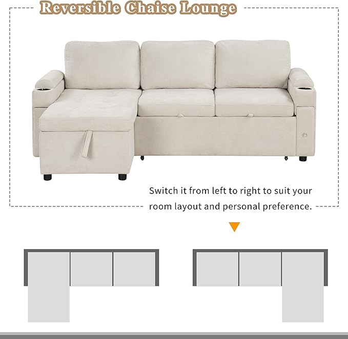 Eafurn 83.5" Sleeper Sectional Sofa with Pull Out Couch Bed, Convertible L-Shaped Sofa with Storage Chaise, Quick Assemble Sleeper Corner Sofa with Cup Holders & USB Ports