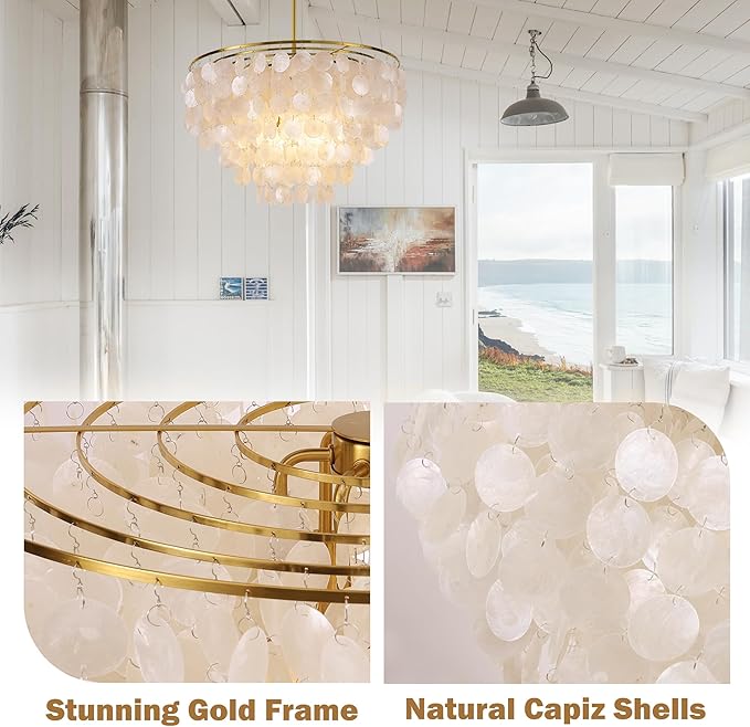 Wellmet Capiz Shell Chandelier, 6 Lights Gold Coastal Chandeliers for Dining Room, Modern Pendant Lighting Fixtures with Seashell Shade for Bedroom Living Room Hallway Foyer, W-23.62”