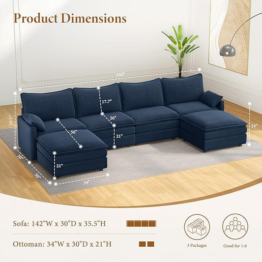 Vesgantti 142" U Shaped Sectional Couch, Comfy Cloud Modular Sectional Sofa with 2 Ottoman Deep Seat Chenille Modern Cloud Sofa, Modular Sofas for Living Room, Bedroom and Apartment, Blue | Sink-in Comfort, Height Adjustable, Easy Rearrangement, Extra-...