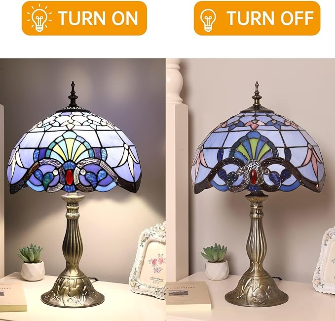 YingJu Tiffany Lamp,Blue Stained Glass Lamp,12X12X19 Inches Vintage Table Lamp for Bedroom,Living Room,Home Office（Including 2 LED Bulbs）