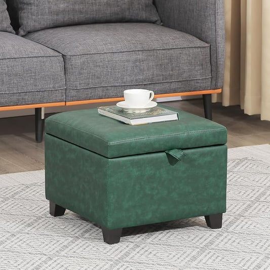 Adeco Faux Leather Storage Ottoman, 14-inch Square Cube Footrest Stool for Living Room & Bedroom, Upholstered Vanity Seat with Solid Wood Legs and Hinged Lid, Dark Green