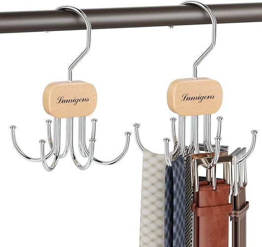 Belt Hanger, Belt Organizer for Closet,Rotatable Tie Rack,Belt Holder,Hanging Closet Storage Hook for Belt, Bra, Tank Top, Tie, Scarf, Purse,2PCS,Natural