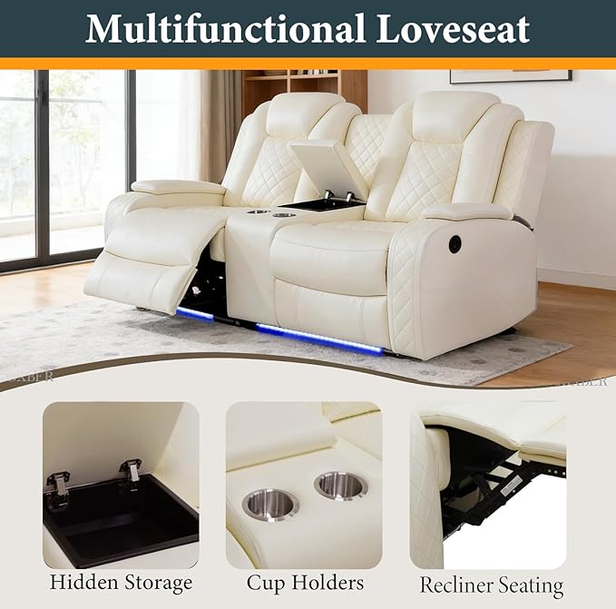 Power Recliner Sectional Sofa Set, Creamy Leather Sectional Couch, Loveseat and Chair for Living Room, L Shape Reclining Sofa with Cup Holder, Hidden Storage, Coffee Table for House(9 Seat)