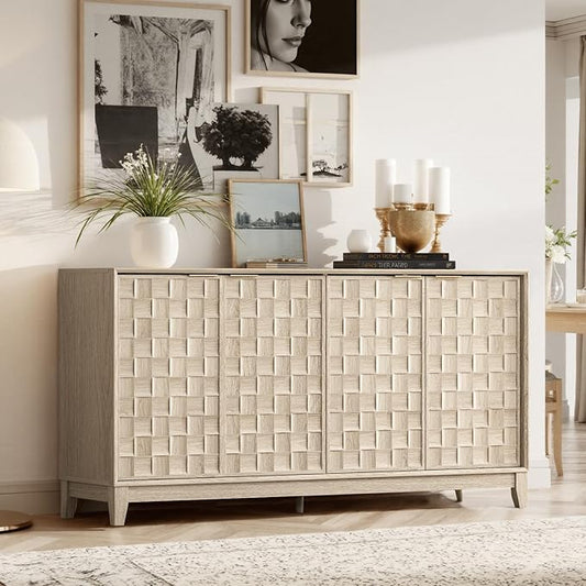 COLAMY 60" Sideboard Buffet Cabinet with Storage, Modern 4-Door Buffet Table with 3D Checkerboard Doors & Solid Wood Legs, Large Coffee Bar Cabinet for Dining Room, Living Room, Entryway,Oak Mist