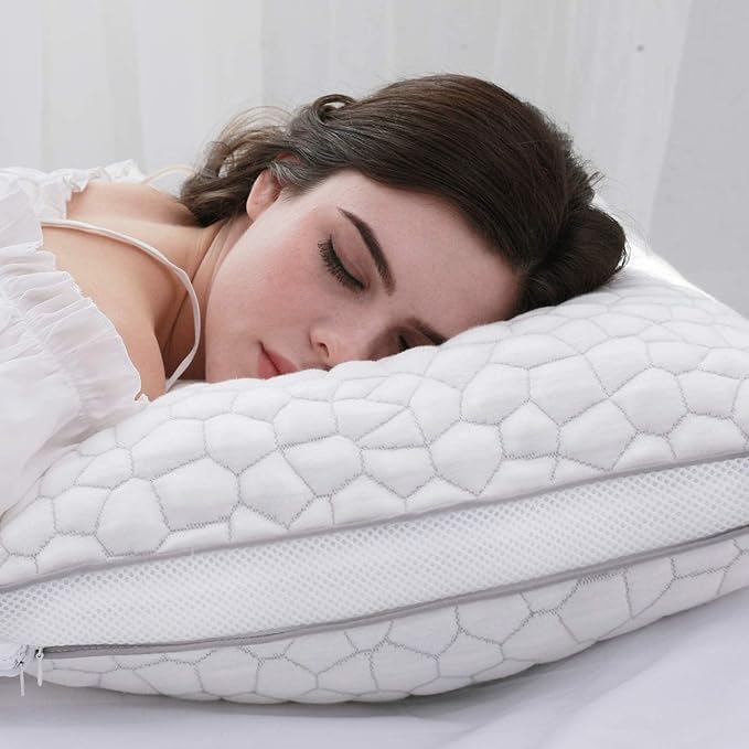 Shredded Memory Foam Pillows 1 Pack, Rayon Derived from Bamboo Pillow Queen Size Set of 1, Cooling Gel Pillows for Sleeping, Adjustable Pillow for Side Stomach and Back Sleepers with Washable Cover