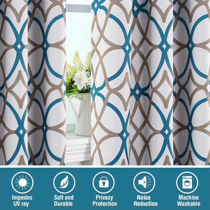 H.VERSAILTEX Blackout Curtains for Bedroom Printed Design 84 Inch Length Thermal Insulated Curtains for Living Room Modern Grommet Window Drapes 2 Panels Set, Teal and Taupe