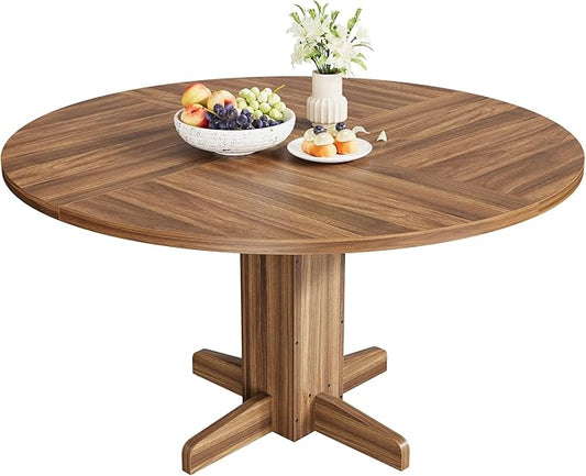 IDEALHOUSE Round Dining Table for 4-6 People, 47" Wood Kitchen Table with Sturdy Pedestal Base, Farmhouse Circle Dinner Tables for Dining Room, Living Room, Apartment, Walnut