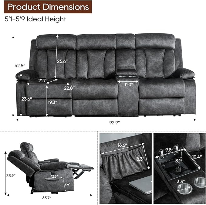GUEAPY 3 Seater Recliner Sofa Reclining Loveseat with Console Power Reclining Sofa with Heat and Massage, Cup Holders, USB & Type-C Charge Ports for Living Room