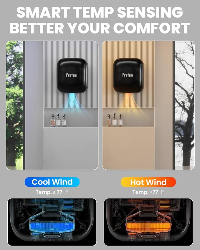1400W Commercial Hand Dryers, Automatic High Speed Hand Dryer Machine with Auto-Infrared Sensor&Smart Temp Control,Compact Hand Dryer for Home, Bathrooms, Restaurants, Hotels, Black