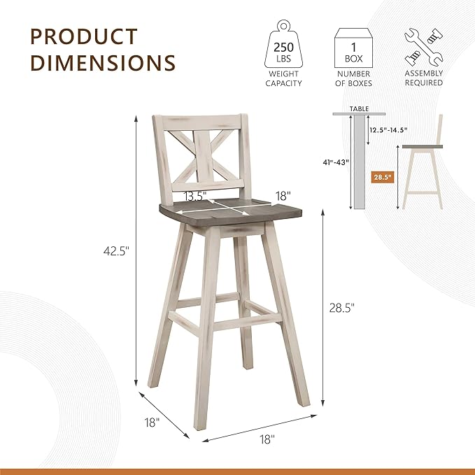 Lexicon Bar Height Bar Stools Set of 2-Solid Wood Frame 360° Swivel Wooden Stools, Foot Rest, X Back, Wide Seat, Distressed Farmhouse Easy to Clean Finish, 28.5" SH, Antique White/Grey