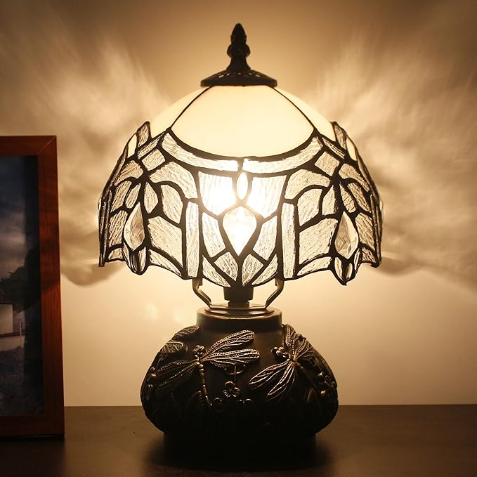 Small Tiffany Lamp Mini Stained Glass Table Lamp White Bending Style Mushroom Desk Light Memory Sympathy Lamp 8X11 Inch