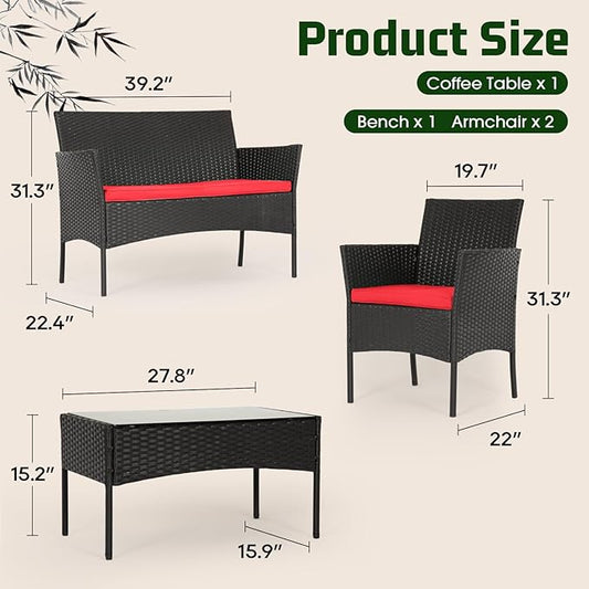 FDW | 4-Piece Patio Furniture Set | Red | Outdoor Wicker Furniture with Coffee Table | Modern Rattan Chairs Conversation Set | Outdoor Seating | Weather-Resistant | for Porch, Garden, Lawn
