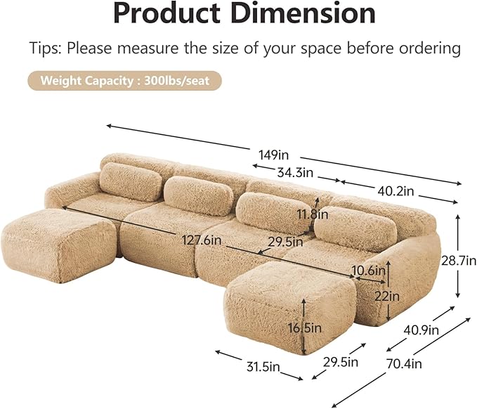 149" Modular Sectional Sofa, Modern Sectional Couch, U-Shape Boneless Couch for Living Room Apartments Bedroom, 32D High Density Sponge Lounge Sofa, No Assembly Required, Light Khaki