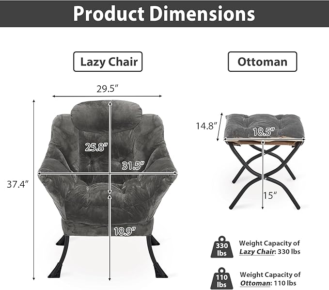 Lazy Chair with Folding Ottoman, Accent Chair Plush Upholstered with Metal Structure and Non-Slip Pads, Sofa Armchair with Footrest and Side Storage Bag for Dorm, Room, Office, Dark Gray