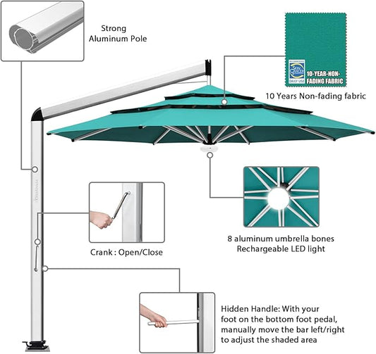 EliteShade USA Atlas 3-Tier 11FT Full Aluminum Cantilever Patio Umbrella for Outdoor Restaurant Garden Courtyard Deck Pool and Marketing with Light (No battery), Teal