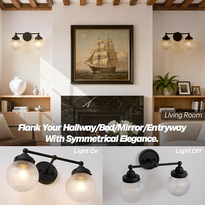 Vintage Double Arm Brass Wall Sconce Lighting, Clear Ribbed Glass 2-Lights Bathroom Vanity Light Fixture for Dining Room Bedroom Living Room Corridor