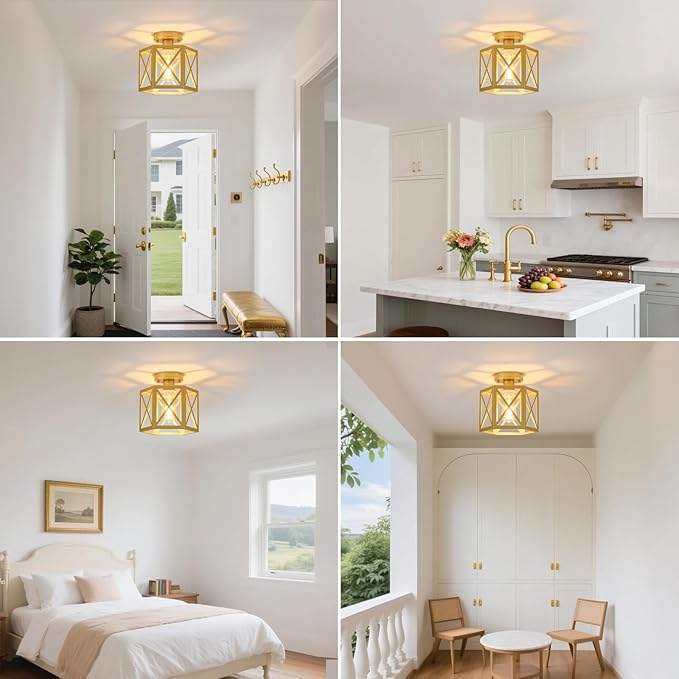2 Pack Gold Semi Flush Mount Ceiling Light, Farmhouse Hallway Light Fixture Ceiling Mount, Metal Chandelier with Hexagonal Cage, Vintage Lantern Lamp for Kitchen Porch Sink