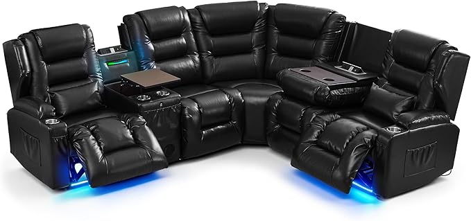 SAMERY Recliner Sectional Couch, Power Reclining Sectional Sofa, Wall Hugger Recliners RV Couch with Corner Couch, Flip-Backrest, Lift-Top Table, Ambient Lights, USB, Faux Leather, Black | Extra Wide Seat, Plush Padding, Dual Power Recline, Lift-Up Tab...