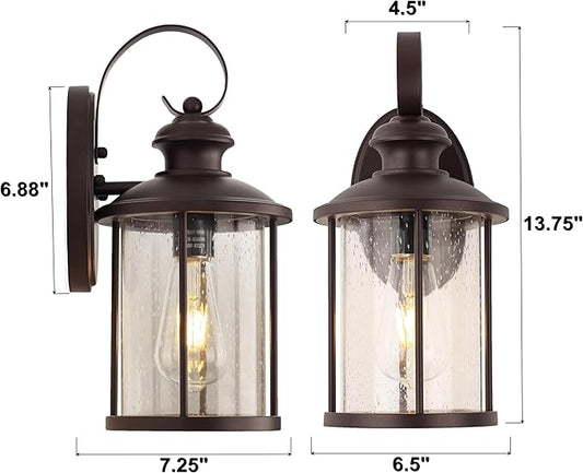 MICSIU 2 Pack 13.75" Oil Rubbed Bronze Outdoor Wall Light Fixtures, 100W Max Exterior Porch Sconce with Clear Seedy Glass, Dimmable Anti-Rust Wall Mount Lighting for House, Garage, Front Door