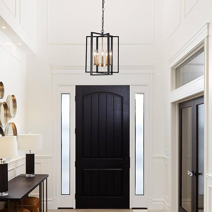 Black and Gold Modern Farmhouse Chandeliers for Dining Room, 5-Light Pendant Light Fixture Adjustable Industrical Entryway Light Fixture Hanging Chandelier for Kitchen Island Entryway Hallway Foyer