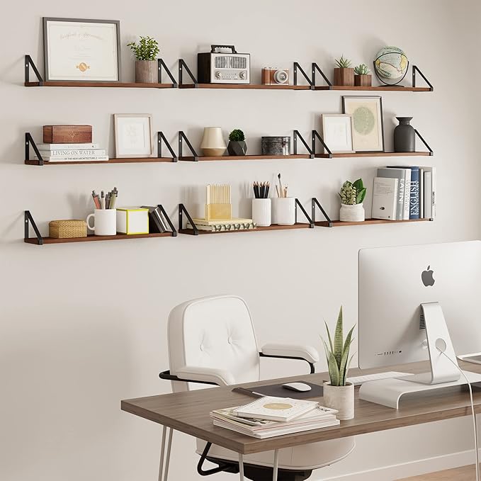 Wallniture Ponza Floating Shelves, Bookshelf for Living Room Decor, Kitchen Organization, Wall Shelves, Dining Room & Office Wall Decor, Walnut 24"x4.5" Set of 9
