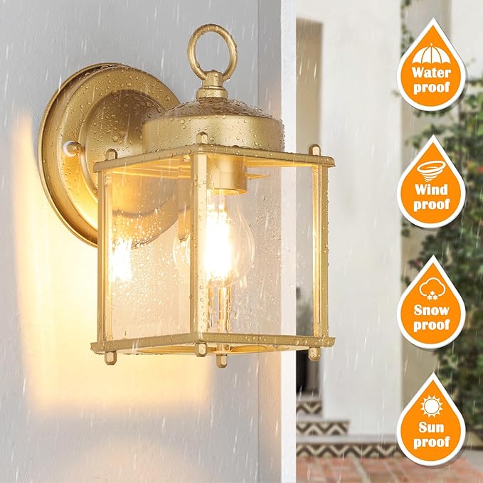 Outdoor Wall Lantern, Exterior Waterproof Wall Sconce Light Fixtures, Gold Front Door Lighting with Clear Beveled Glass Shade, 2 Pack