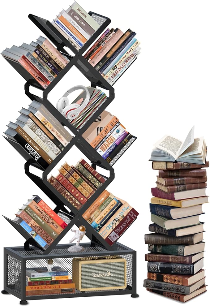 HI NINGER Tree Bookshelf,9 Tier Folding Bookshelf with Storage Cabinet, Tall Narrow Bookshelves Organizer,Bookcase Tower,Tall Floor Standing Book Organizer for Living Room/Bedroom/Home Office/Corner