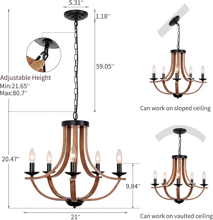 21" Farmhouse Chandelier, 5-Light Rustic Dining Room Light Fixture, Farmhouse Chandeliers for Dining Room, Faux Wood Texture Adjustable Pendant Lighting for Living Room, Kitchen, Foyer, Entryway