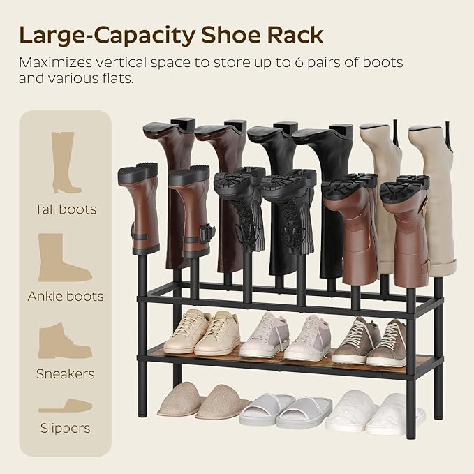 Free Standing Shoe Rack, Tall Boots Rack Organizer, Boot Organizer for Closet, Cowboy Shoes Storage, Holds 6 Pairs, Black and Rustic Brown SS09BRY1
