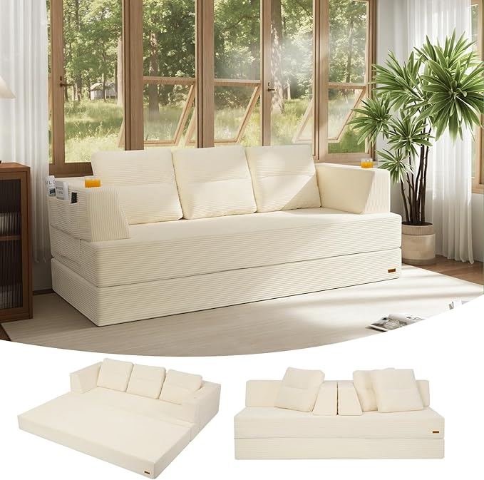 COMAX Futon Sofa Bed Queen, 79" Convertible Sofa Bed Couches for Living Room, 4 in 1 Folding Boneless Sleeper Corduroy Couch Loveseat Foam In a Box, Comfy Foldable Lounge Fold Out Floor Mattress Beige